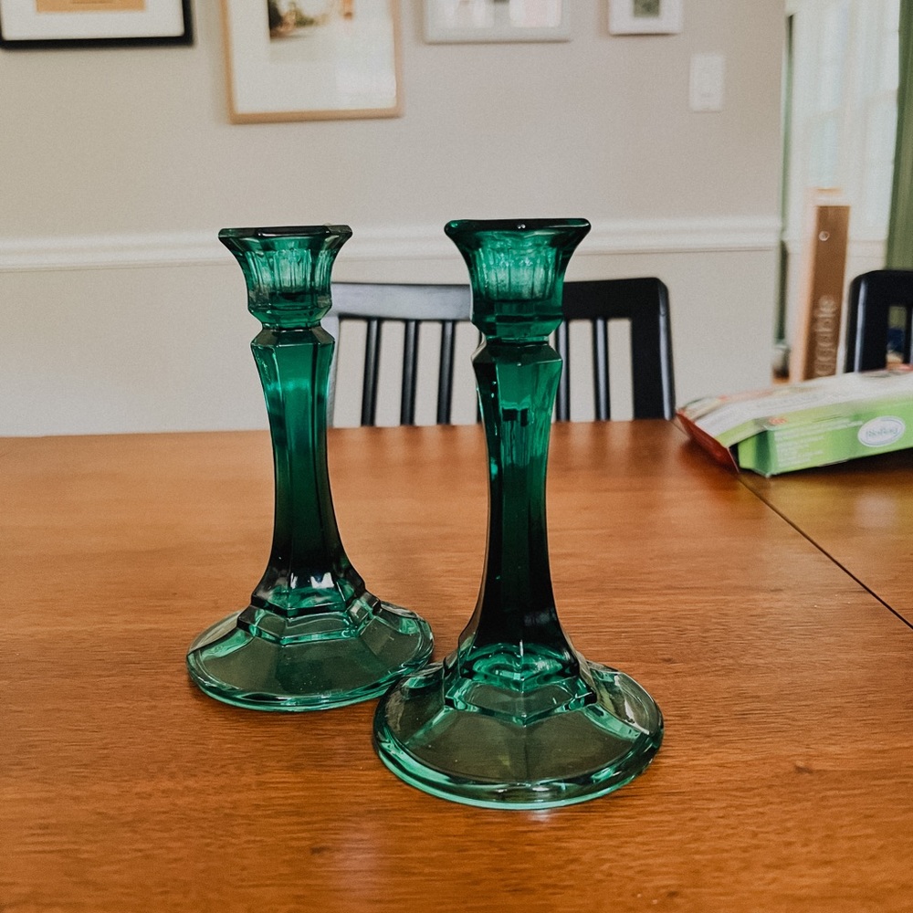 VINTAGE Set of 2 Teal Turquoise glass taper candle holders - candlesticks